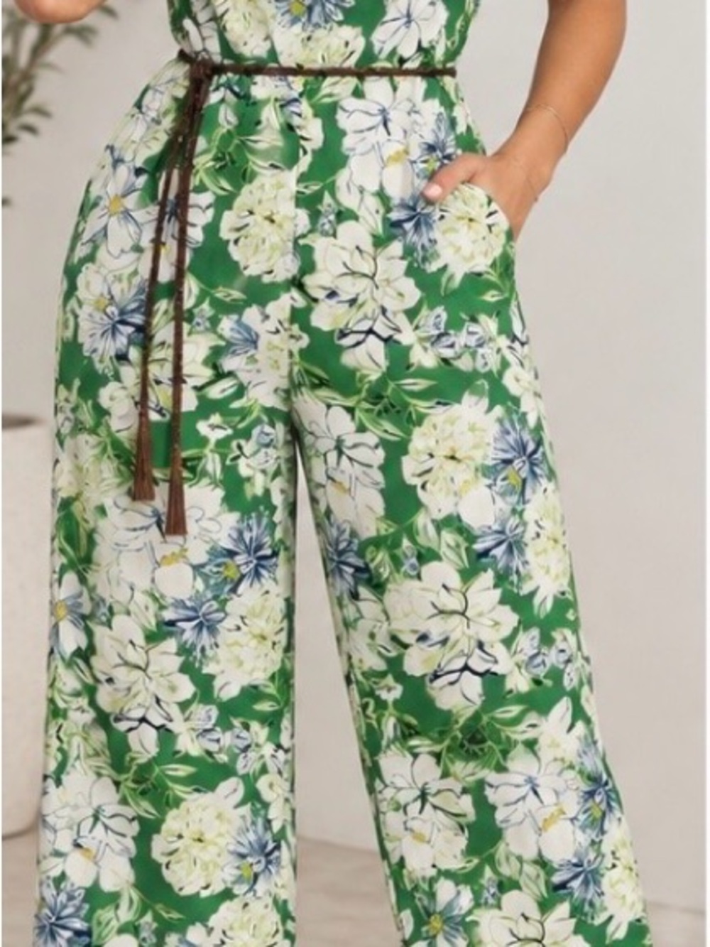 Zara Green Floral Wide-Leg Romper with Belt